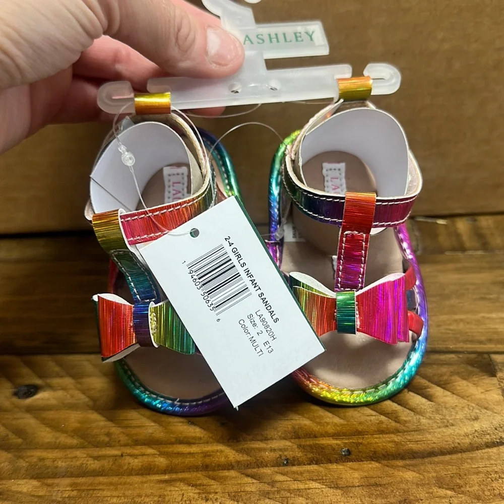 LAURA ASHLEY BABY BOW SANDALS: RAINBOW: NEW WITH TAGS: SIZE 2